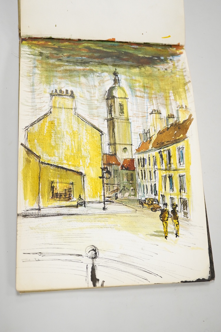 James Knight, a 20th century architect's sketch book to include a panoramic view of Dover and various other landscapes and figural studies, ink and watercolours, 18 x 25cm